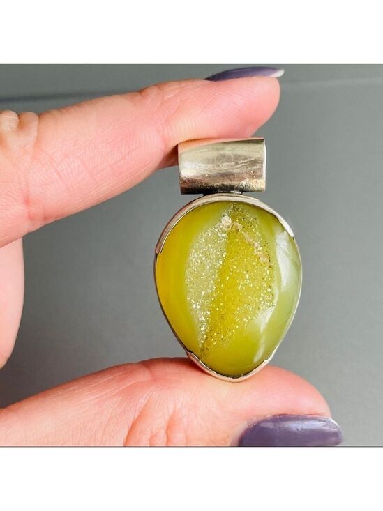 Jewelry - Natural Yellow Druzy Stone Sterling Silver Teardrop Pendant Vintage